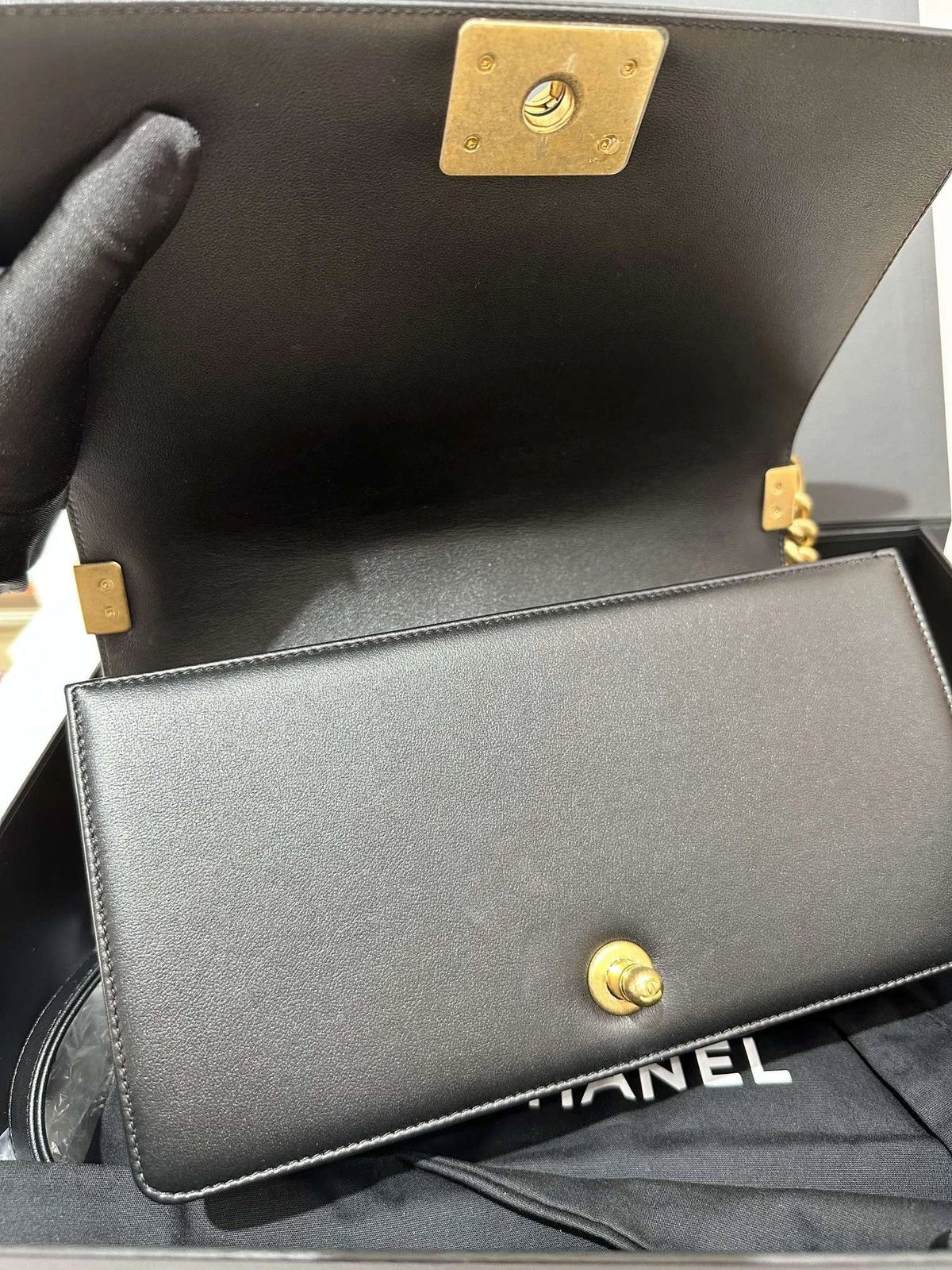 CHANEL Black Gold Calfskin Medium LeBoy Shoulder Crossbody Bag Women
