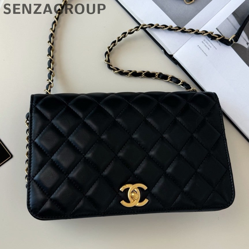 Chanel WOC Chain Shoulder Crossbody Black Gold Diamond Women Classic