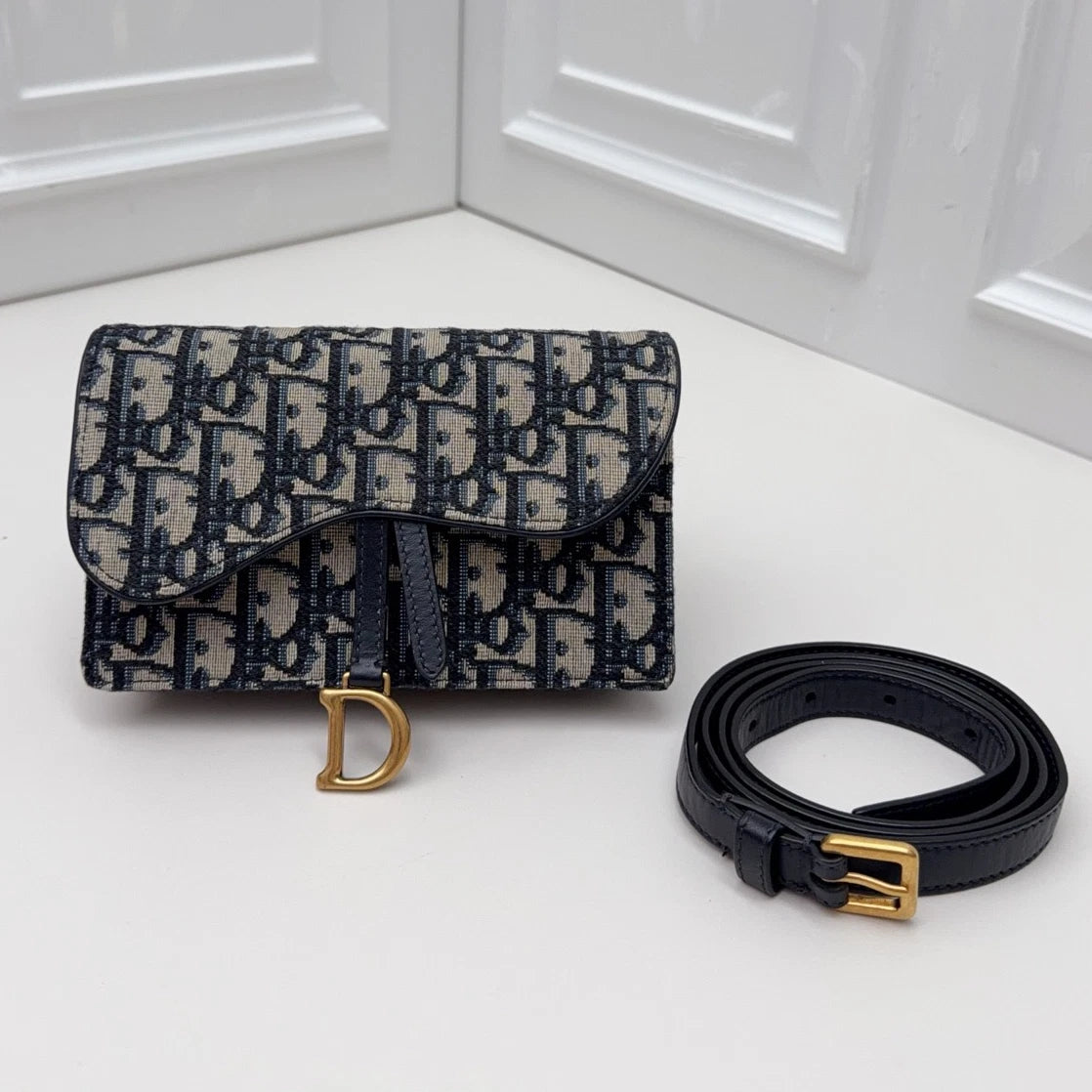 Christian Dior Oblique WOC Chain Shoulder Bag Crossbody Blue Gold Women Classic