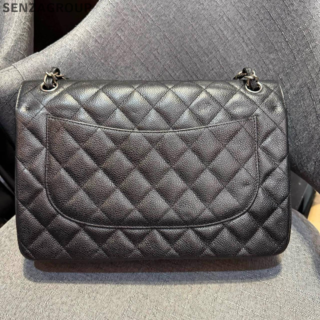 Chanel Black Silver Calfskin Jumbo Classic Flap Bag Chain Shoulder Bag