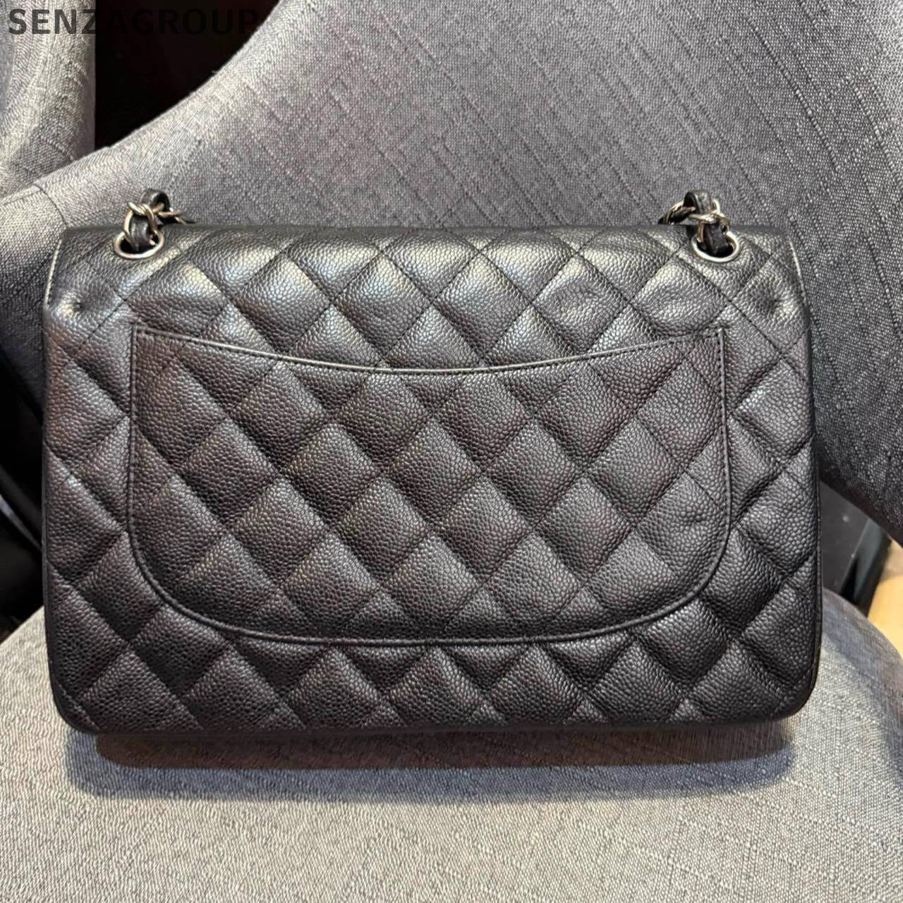 Chanel Black Silver Calfskin Jumbo Classic Flap Bag Chain Shoulder Bag
