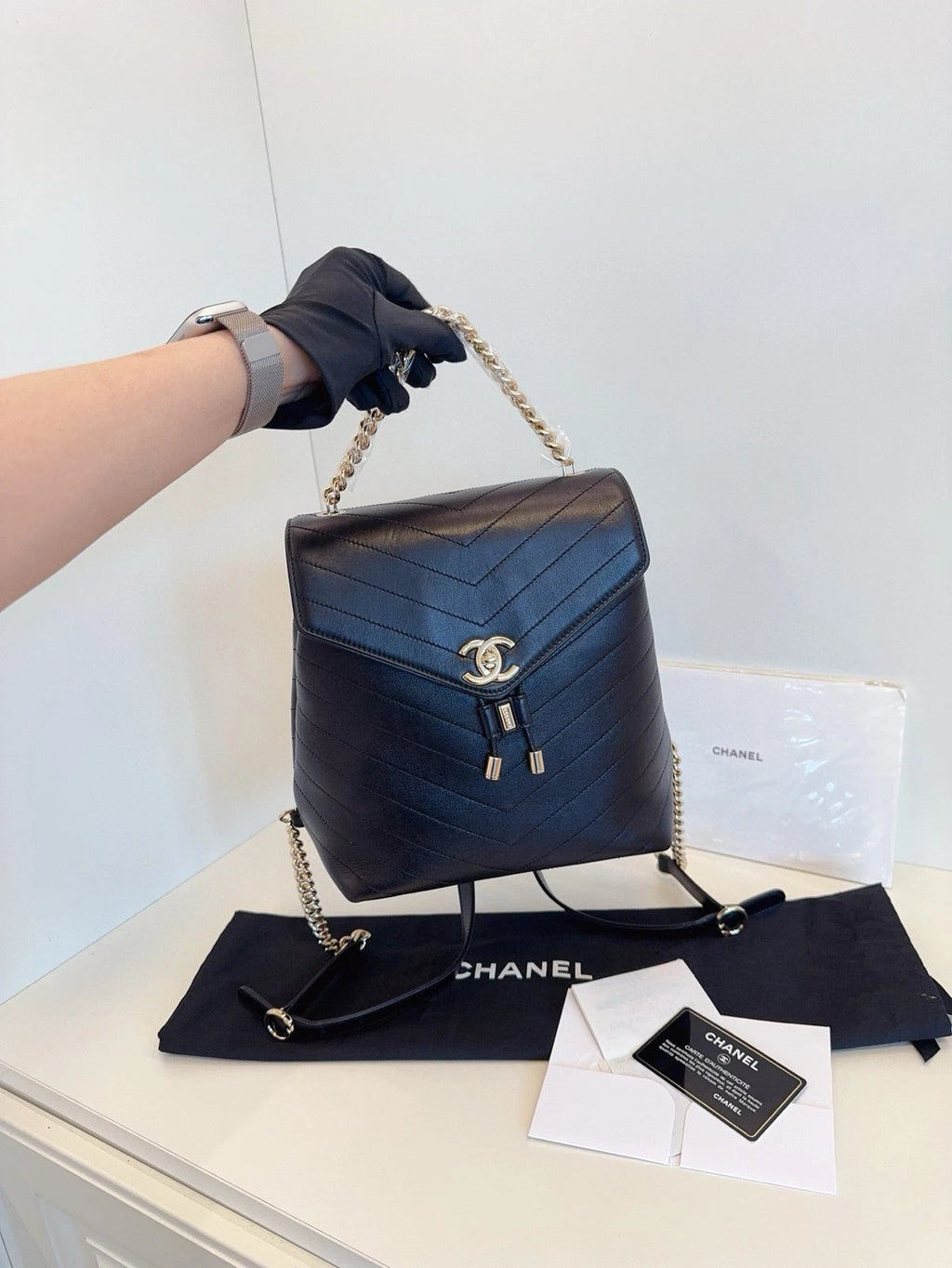 CHANEL Black Gold Calfskin V Pattern Backpack For Women