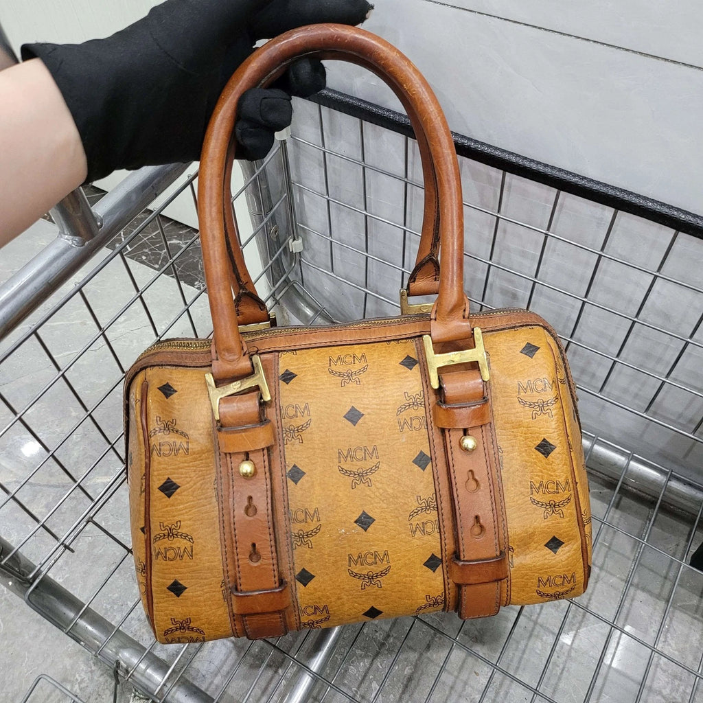 MCM Cognac Monogram PVC Boston Pillow Shoulder Handbag Women