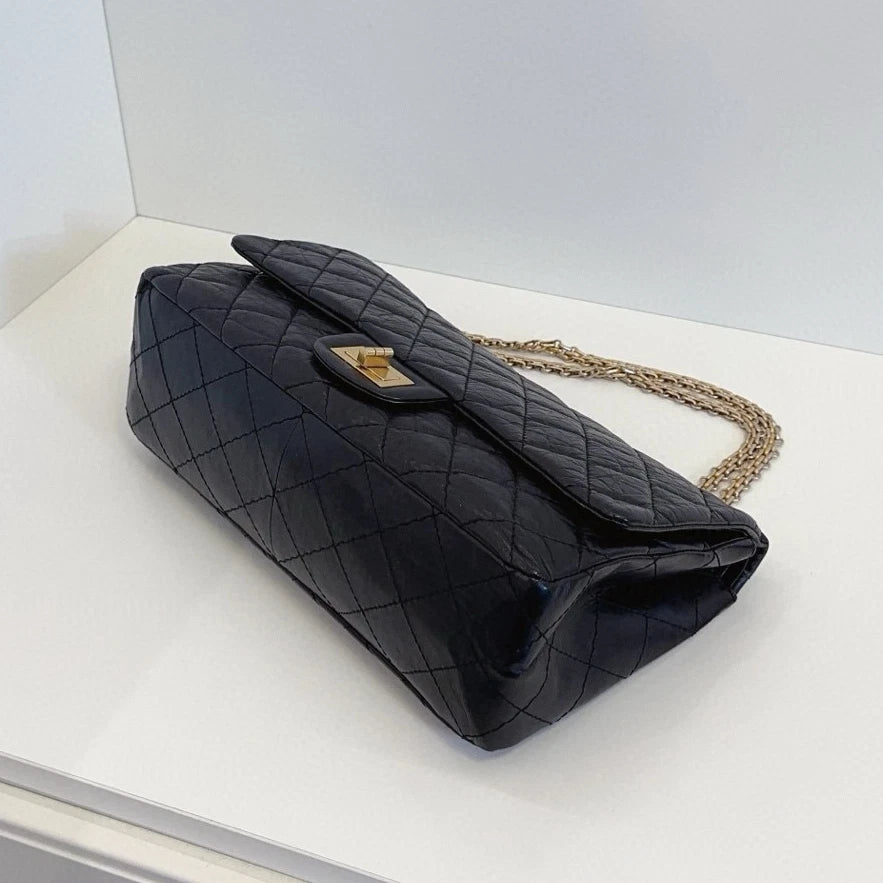 Chanel 2.55 Chain Shoulder Crossbody Black Gold Diamond Women Classic