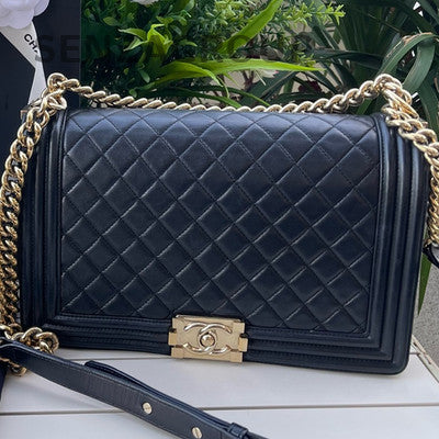 CHANEL Black Gold Le Boy Large Chain Shoulder Bag Quilted Classic