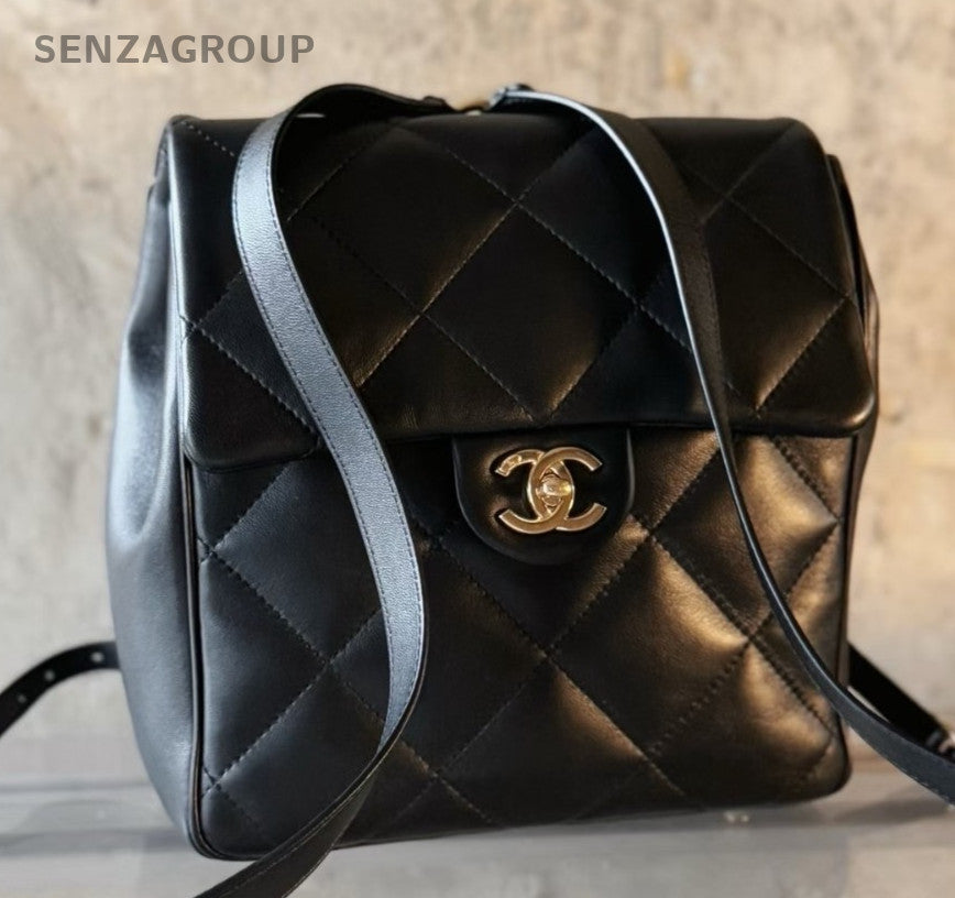Chanel ADO Diamond Pattern Backpack Black Gold Used Women Classic Designer