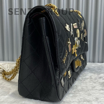 Chanel Medium Black Caviar Leather Badge Chain Shoulder Bag Classic