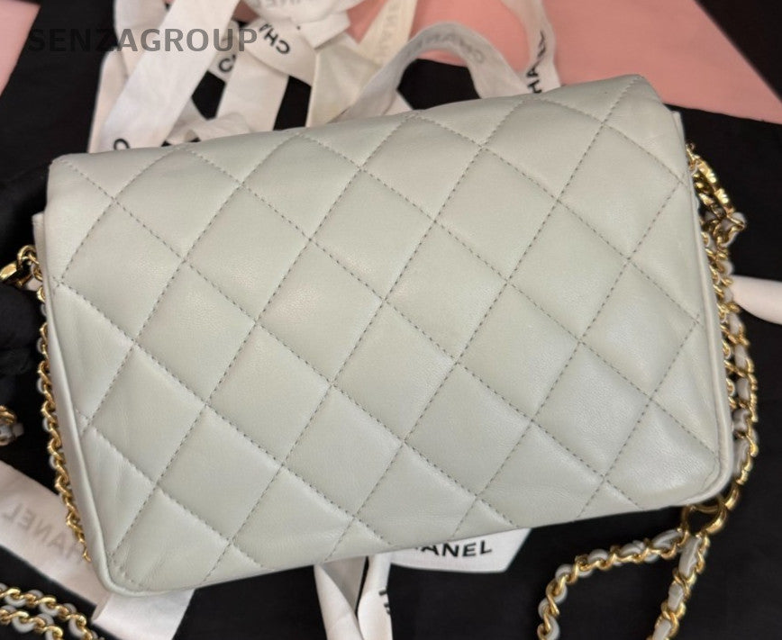 Chanel Classic Flap Mini Lambskin Chain Crossbody Shoulder Bag White Gold Women