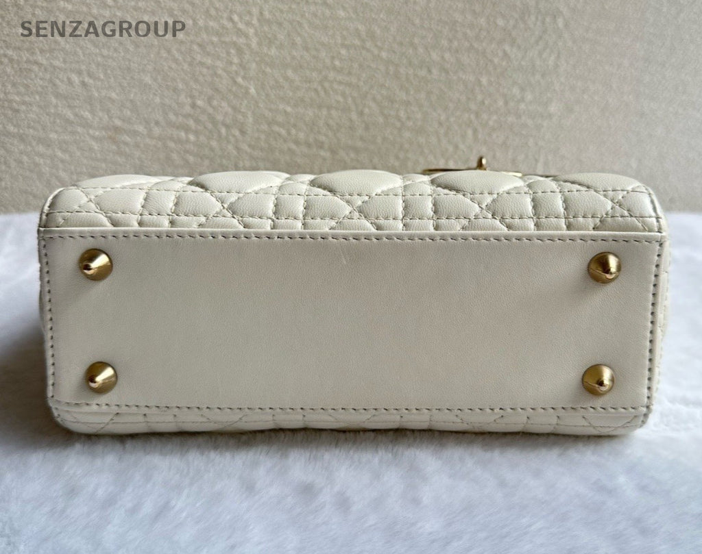Christian Dior Lady Dior Lambskin Crossbody Top Handle Bag White Gold Women