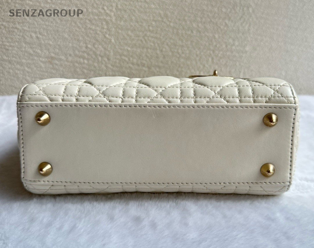 Christian Dior Lady Dior Lambskin Crossbody Top Handle Bag White Gold Women