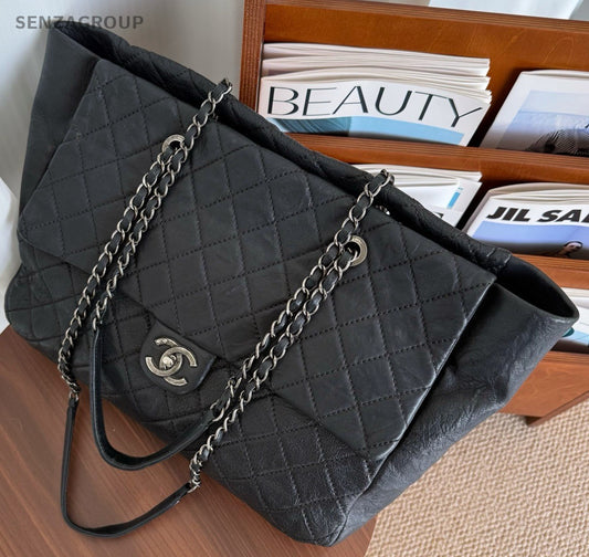 CHANEL Classic Flap Tote Calfskin Chain Shoulder bag Black Silver Women Handbag