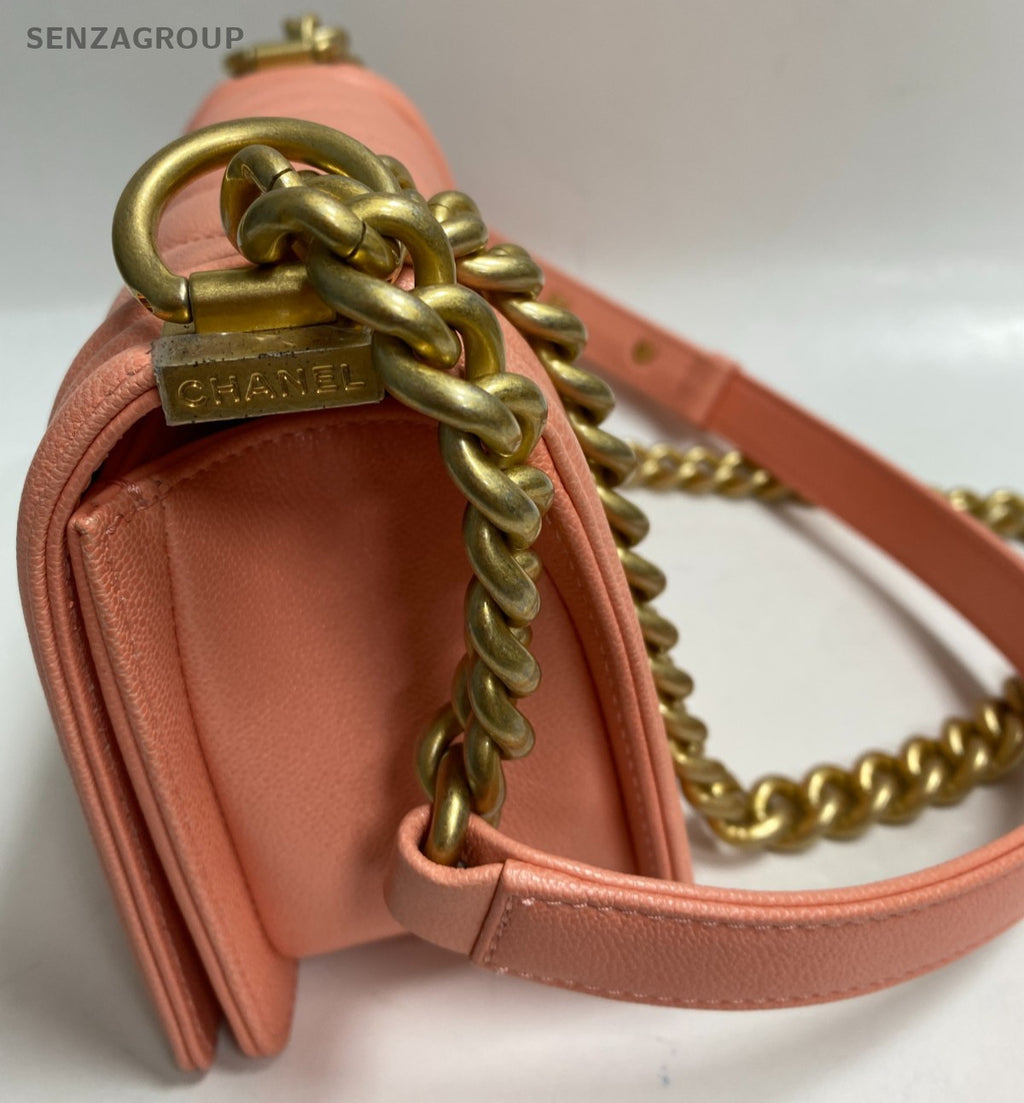 Chanel Leboy PM Chain Shoulder Bag Pink Gold Chevron Women Classic Fashion