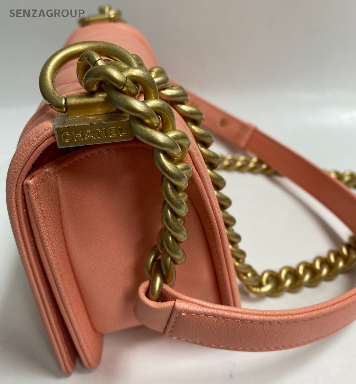 Chanel Leboy PM Chain Shoulder Bag Pink Gold Chevron Women Classic Fashion