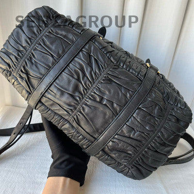 Prada Black Gold Leather Boston Bag Classic Women's Handbag Shoulder Tote