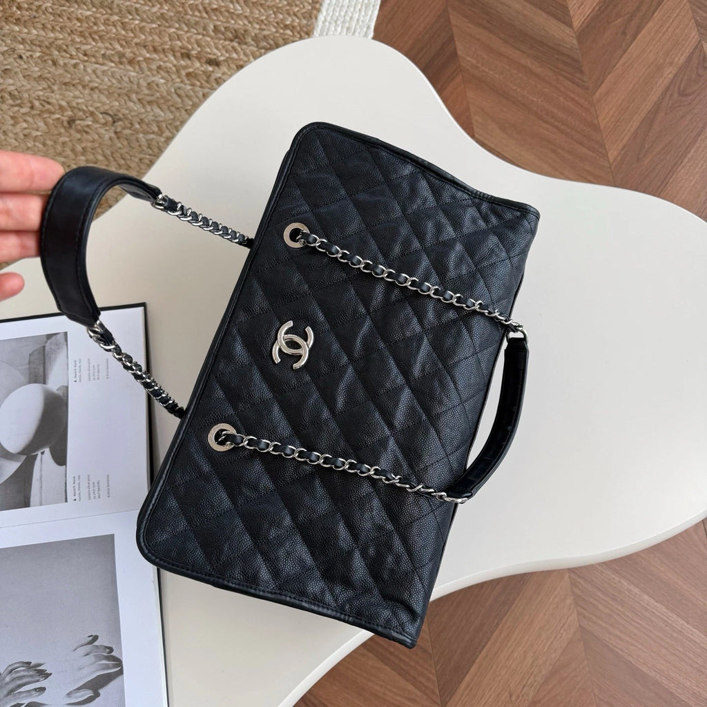 Chanel Calfskin Tote Chain Shoulder Bag Black Silver Diamond Women Classic
