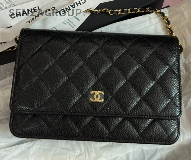 Chanel WOC Chain Calfskin Crossbody Shoulder Bag Black Gold Women Classic