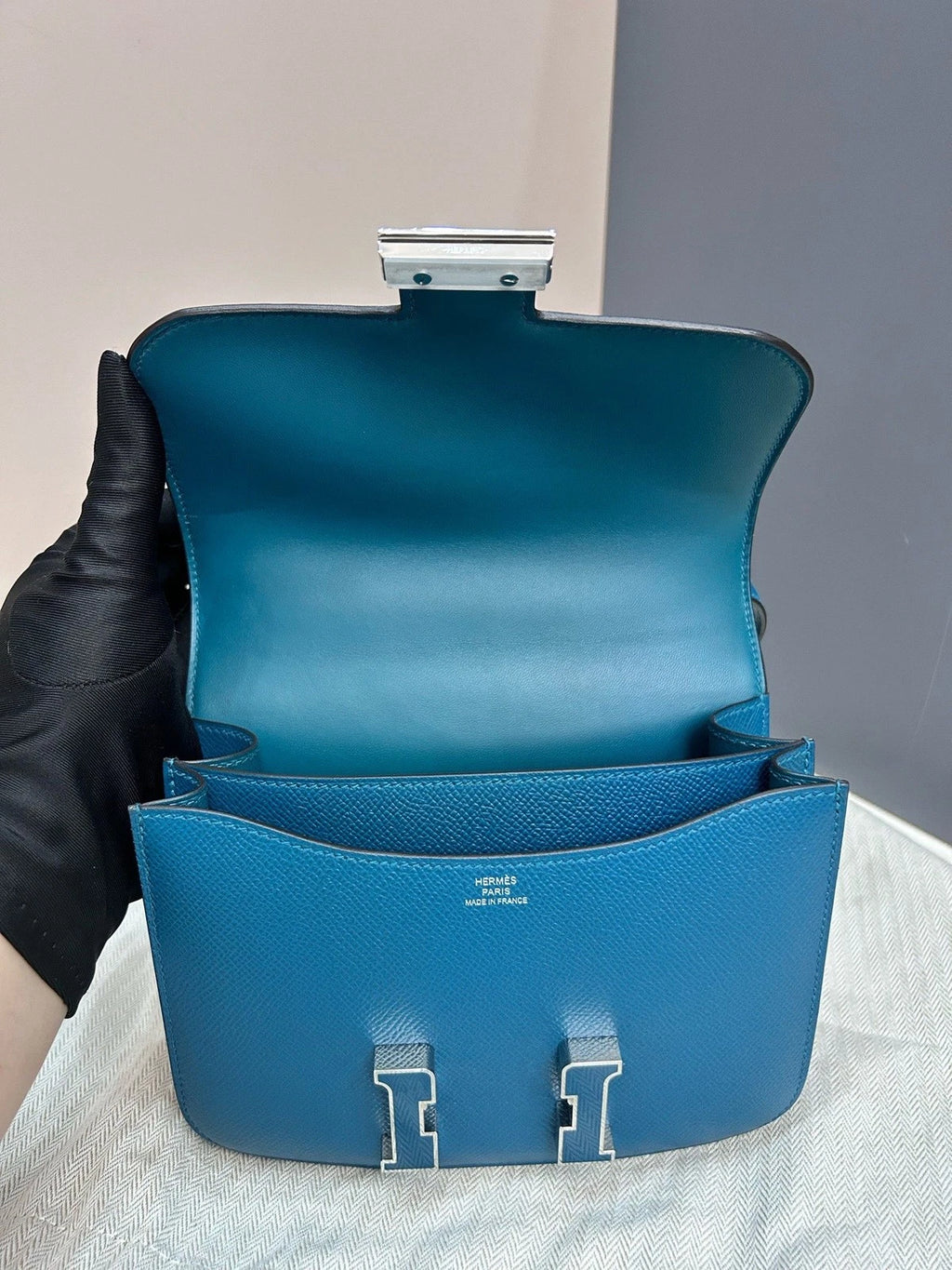 Excellent Hermes Constance19 Epsom Leather Blue Silver Shoulder Bag Crossbody