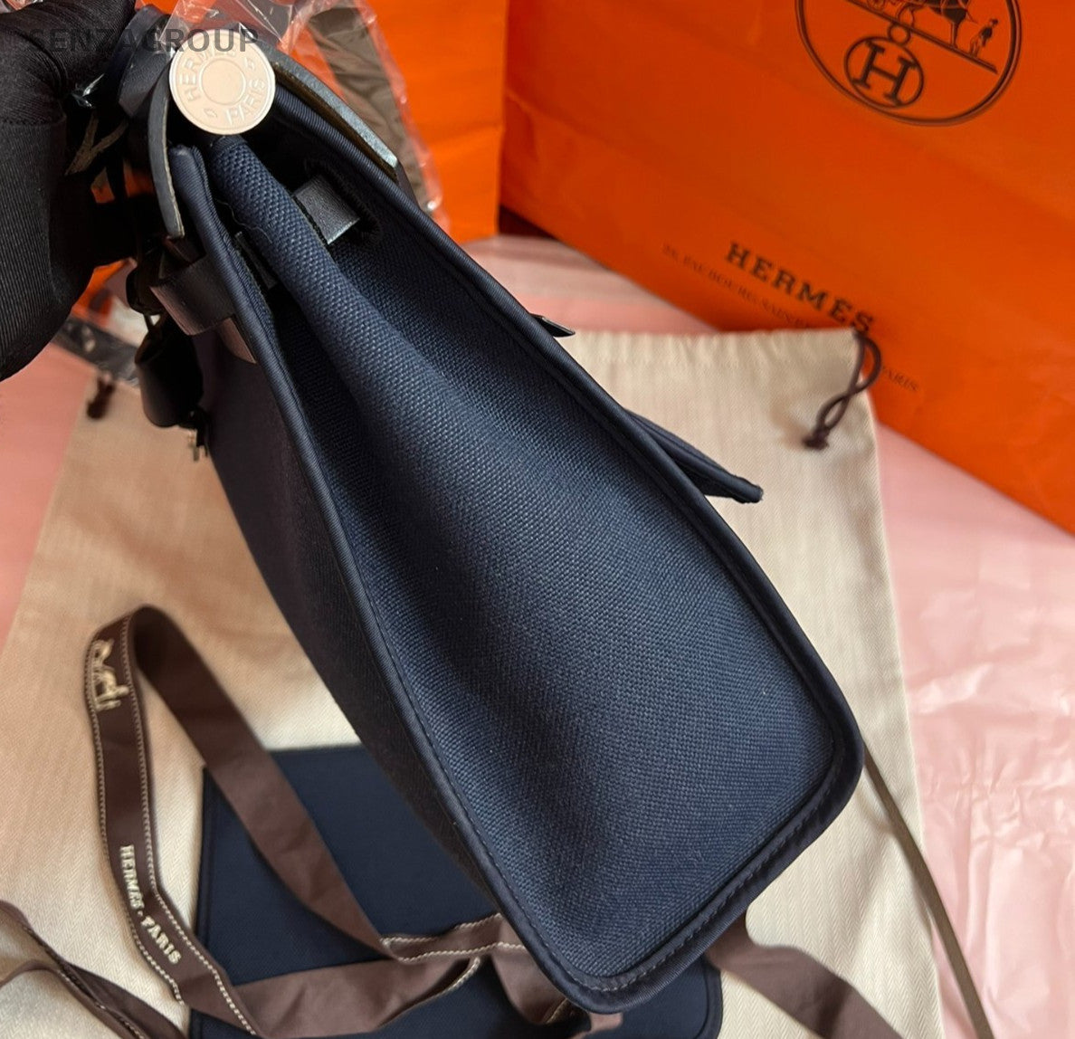 Hermes Herbag31 Canvas Blue Black Silver Top Handle Bag Crossbody Women Classic