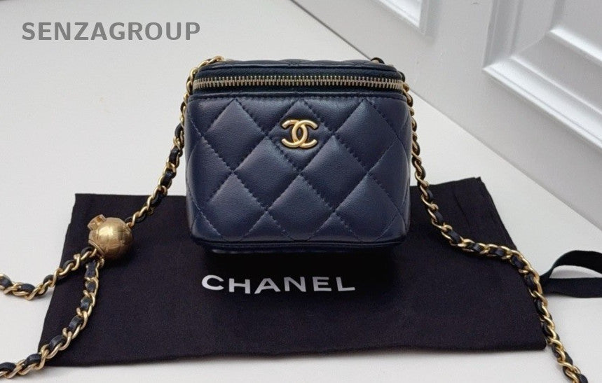 CHANEL Vanity Box mini Diamond Pattern Chain Shoulder bag Navy Blue Gold Women