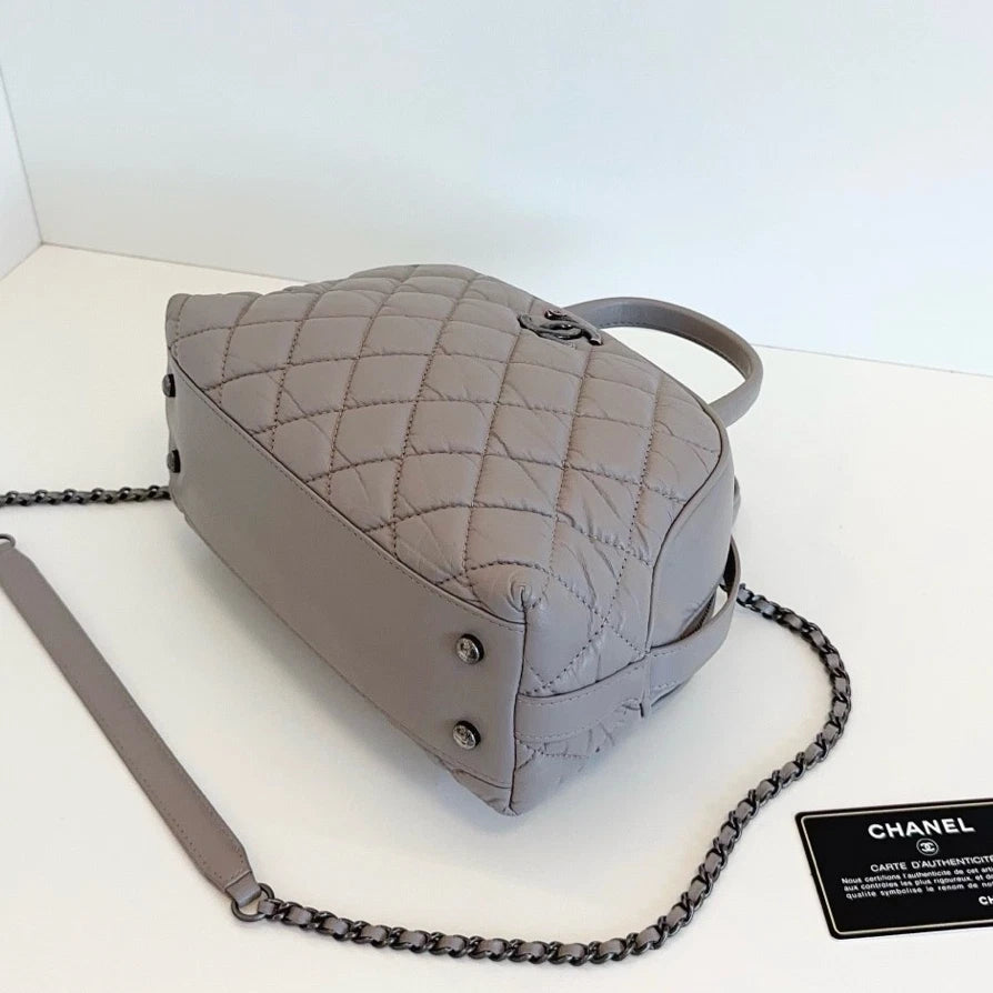 Authentic Chanel Bowling PM Chain Oil Wax Top Handle Shoulder Bag Grey SHD