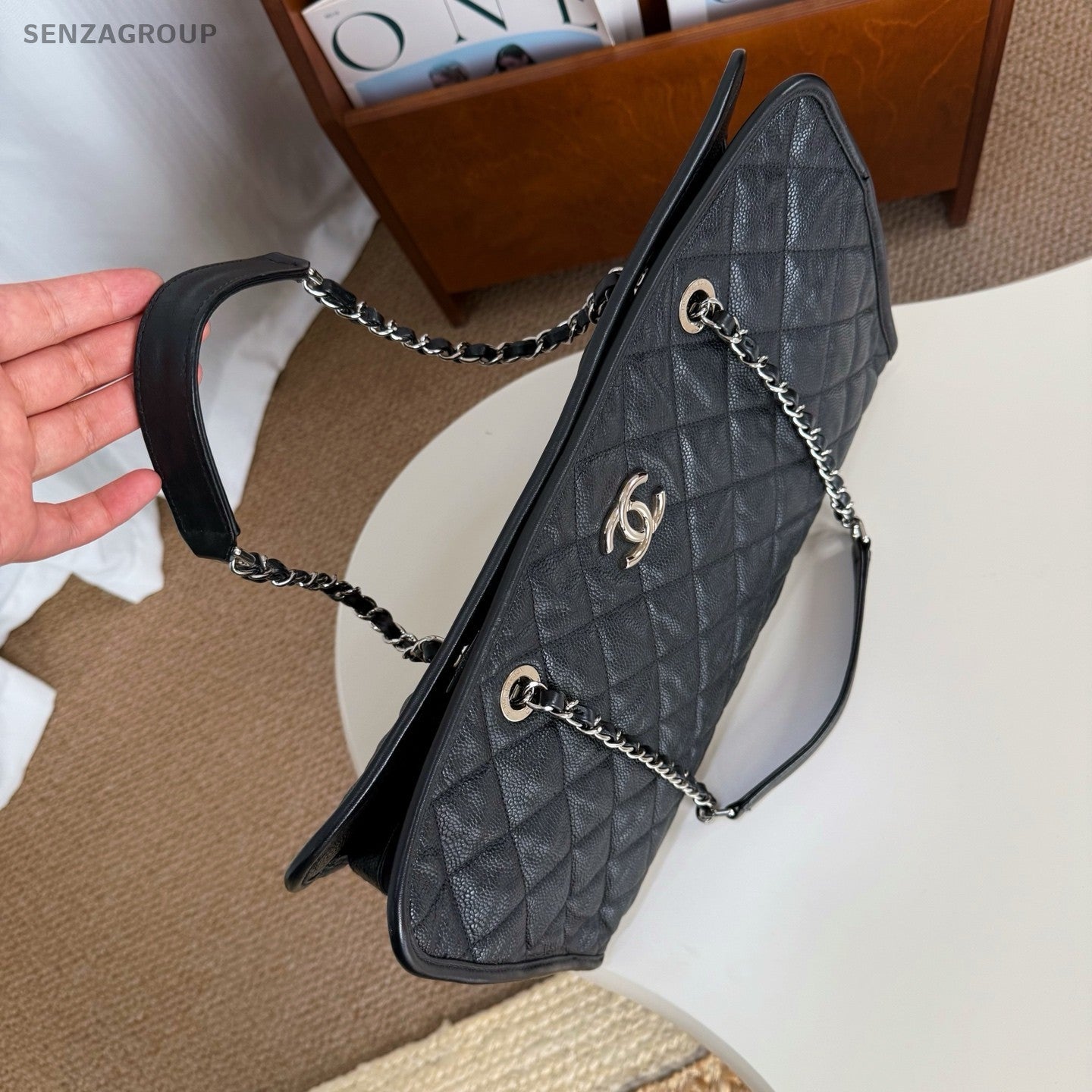 CHANEL Caviar Tote Diamond Pattern Chain Shoulder bag Black Silver Women Classic