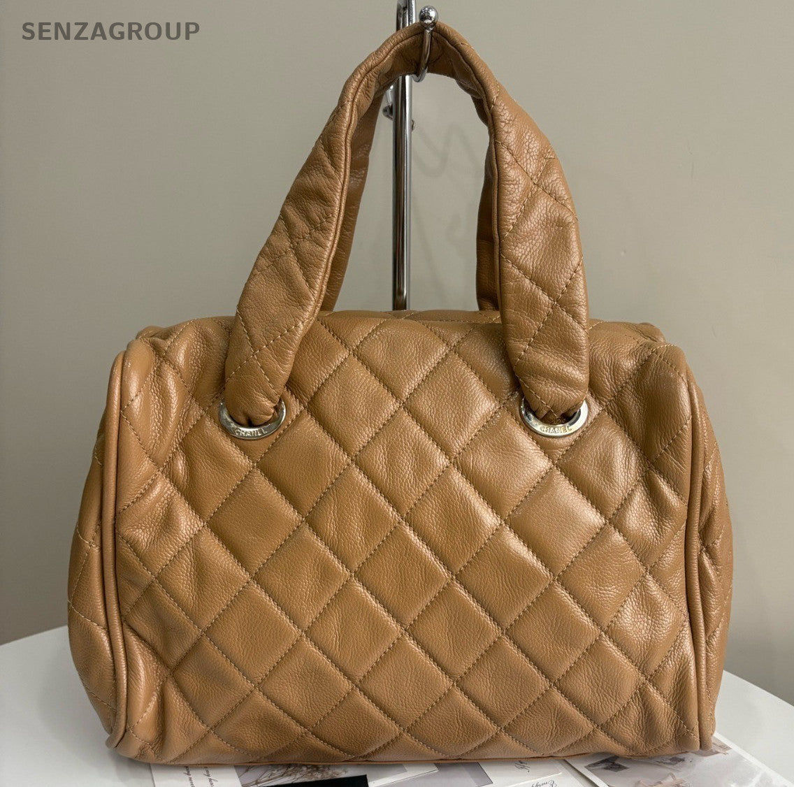 CHANEL Bowling Vintage Calfskin Boston Handbag Beige Women