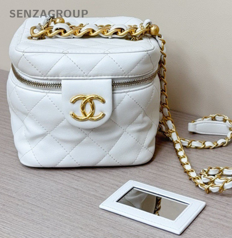Chanel Diamond Chain Box Shoulder Bag Crossbody White Gold Women Classic