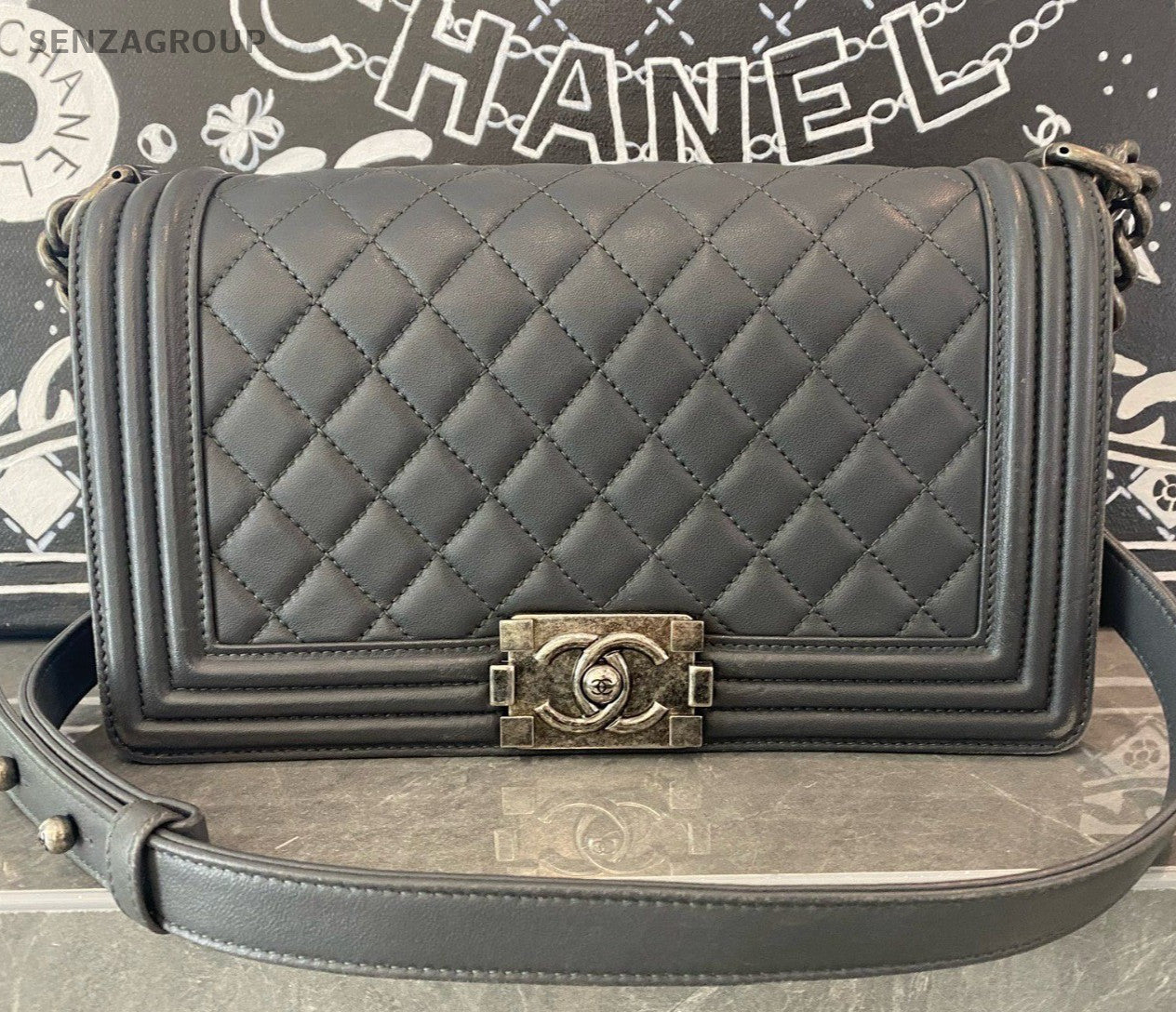 Chanel Leboy MM Calfskin Chain Shoulder Bag Crossbody Gray Silver Women Classic