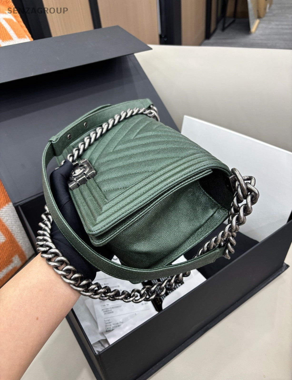 Chanel Leboy MM Calfskin Chain Shoulder Bag Green Silver Used Women Classic