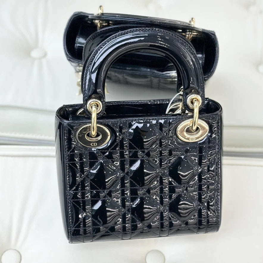 Dior Lady Dior Black Gold Crossbody Top Handle Excellent