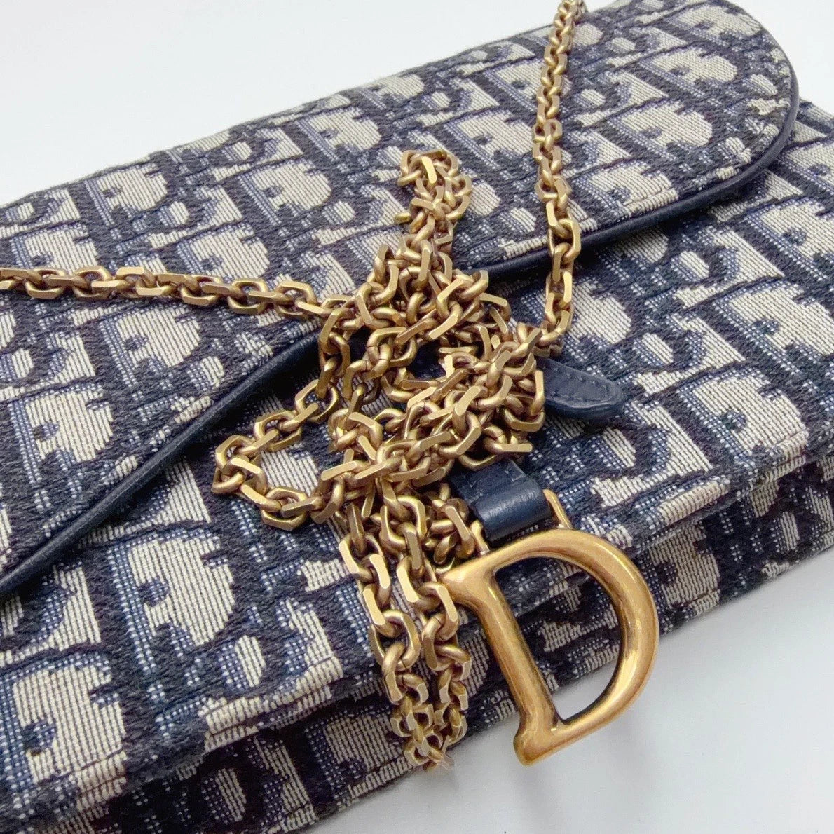 Christian Dior Oblique Canvas WOC Gold Chain Navy Shoulder Bag Crossbody