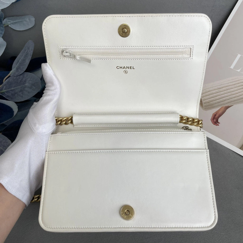 CHANEL White Gold Leather LeBoy WOC Crossbody Bag For Women