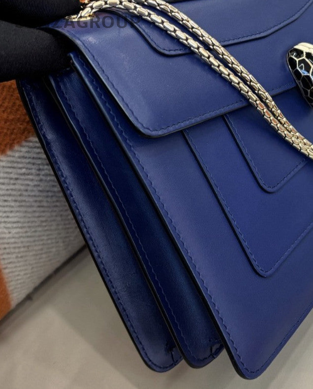 Bvlgari Serpenti Forever MM Chain Shoulder Bag Blue Gold Used Women Designer