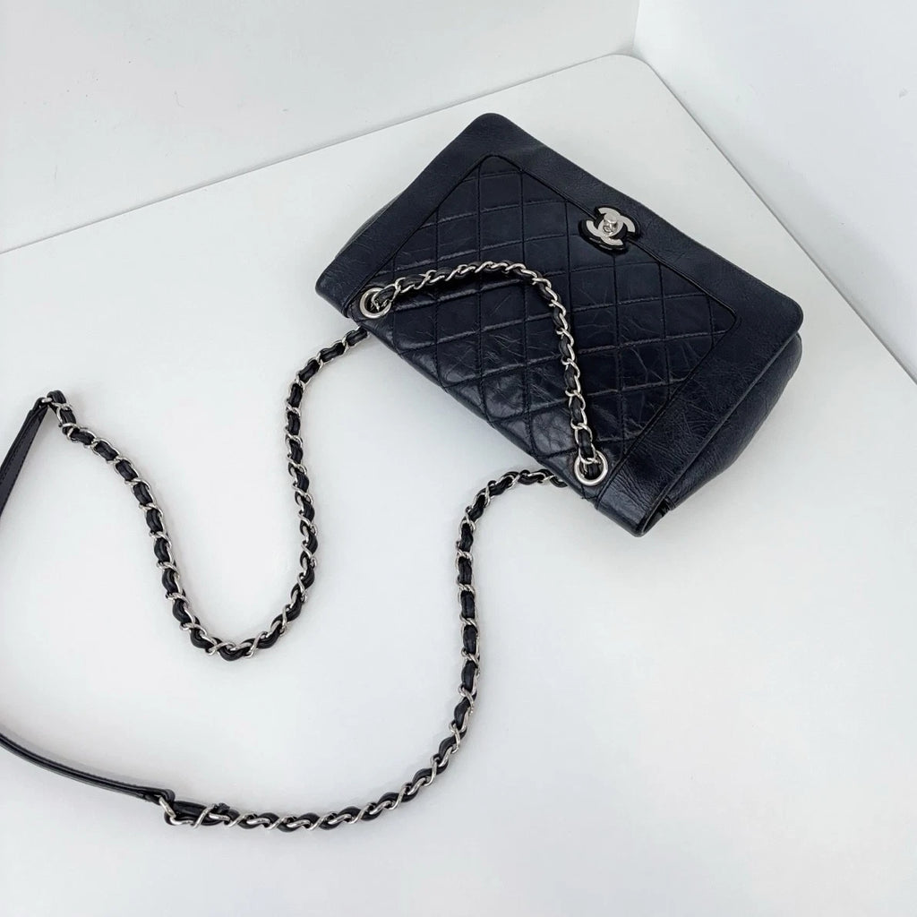 Chanel Water Shine Calfskin Black Silver Crossbody Bag Women Classic