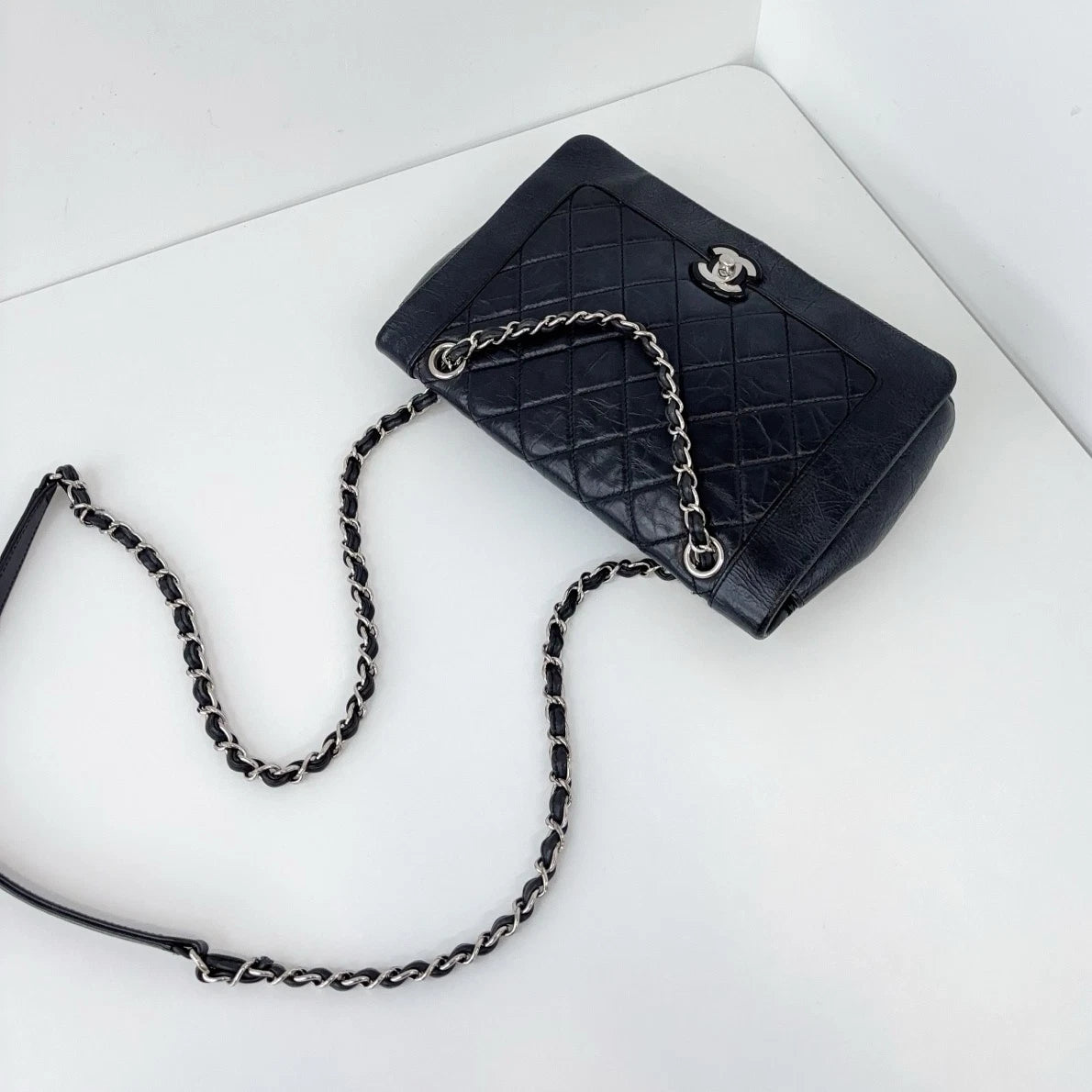 Chanel Water Shine Calfskin Black Silver Crossbody Bag Women Classic