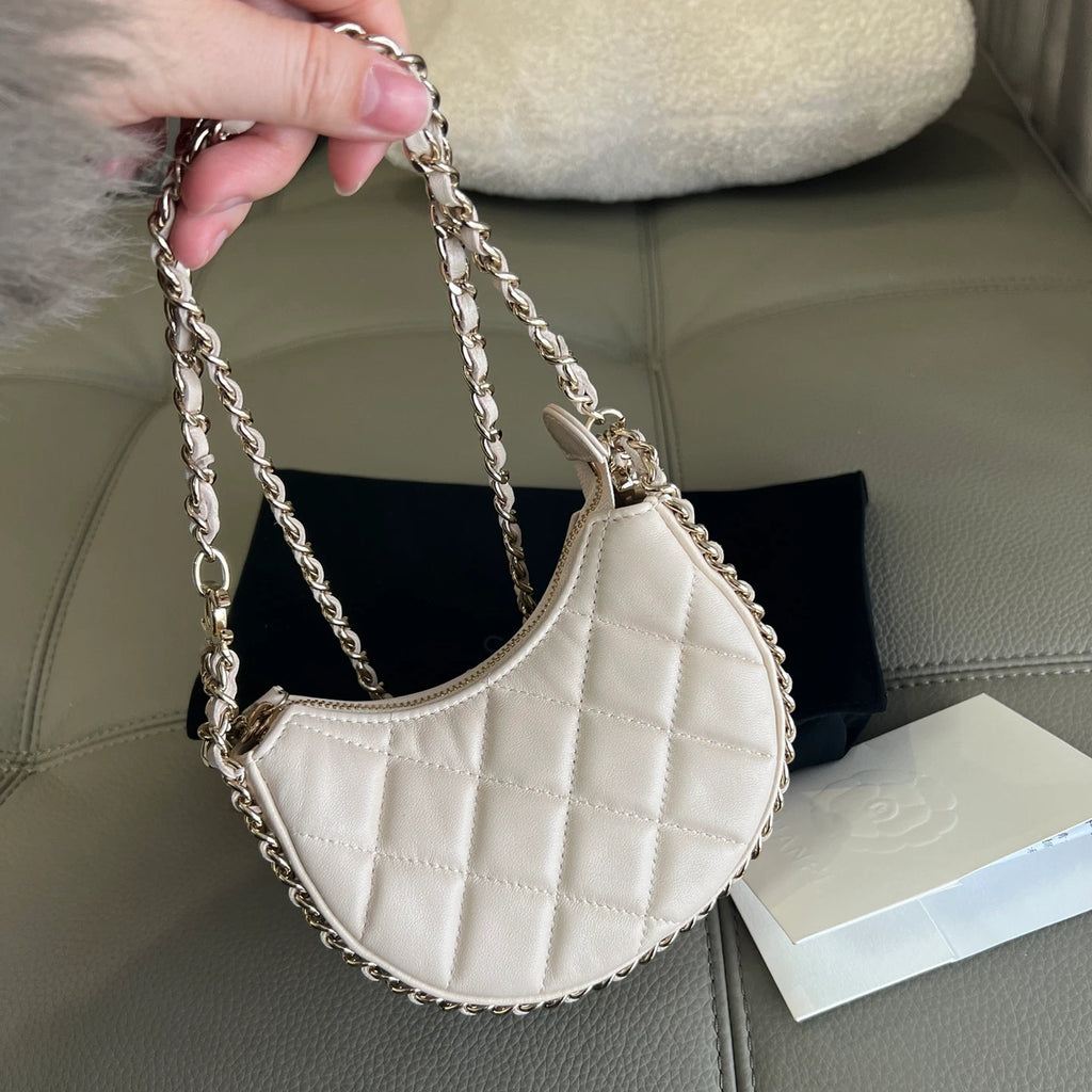 Authentic Chanel Hobo MINI Chain Shoulder Crossbody Bag White Gold Hardware