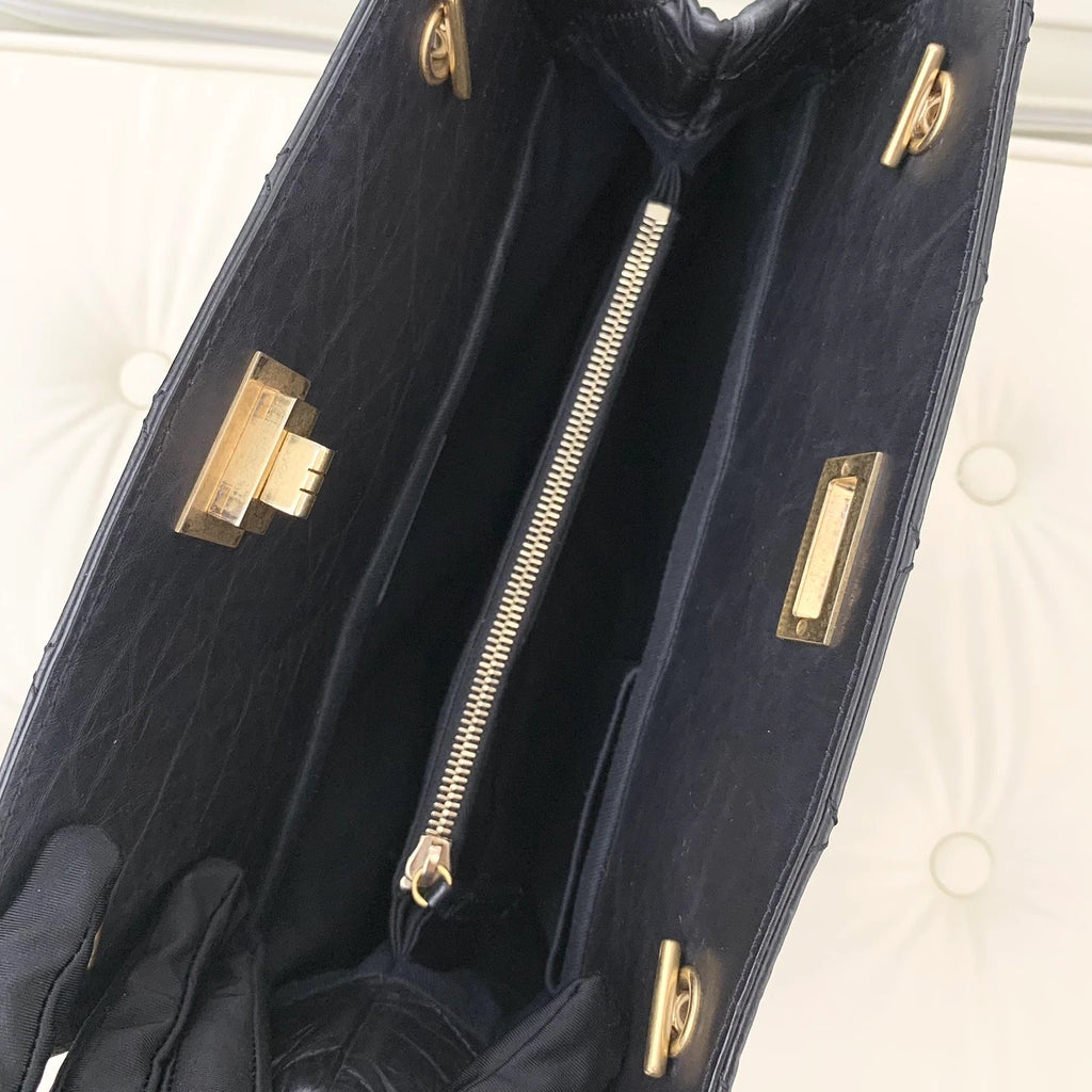Authentic Chanel Calfskin Tote Chain Shoulder Bag Black Gold Hardware