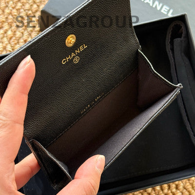 Chanel Black Gold Quilted Card Holder Clutch Classic Women's