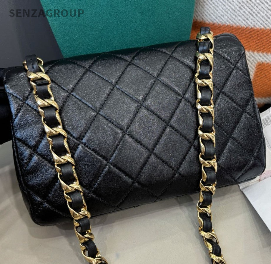 Chanel Classic Flap Chain Black Gold Shoulder Bag Diamond Fashion Used Women