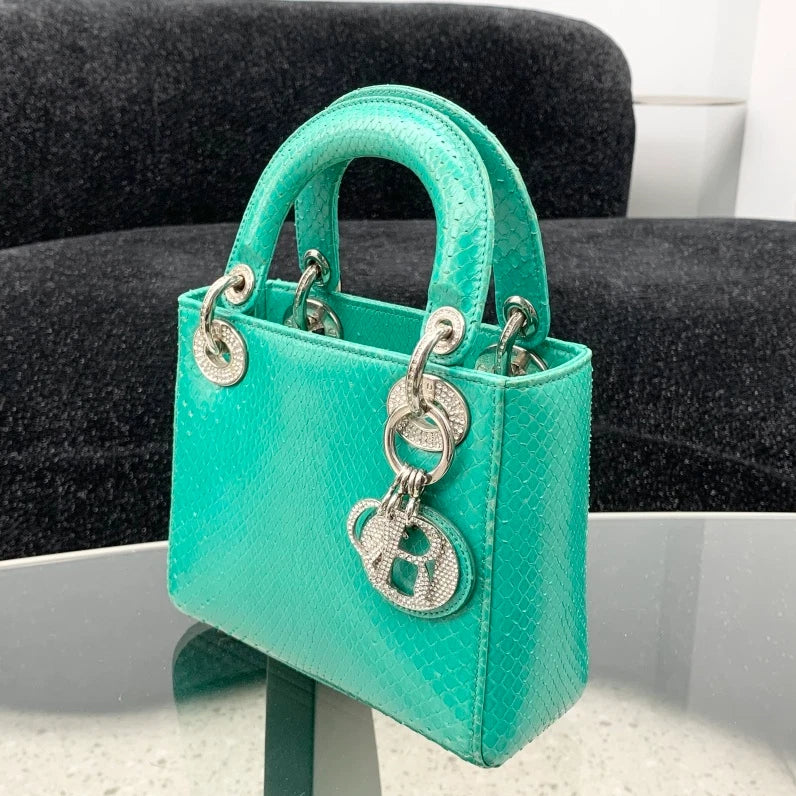 Christian Dior Lady Dior 2Way Top Handle Bag Crossbody Green Silver Women S