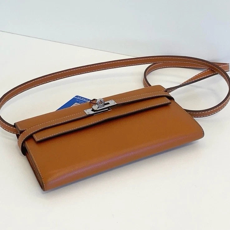 Authentic Hermes Kelly Long Wallet Epsom Shoulder Crossbody Bag Brown SHD