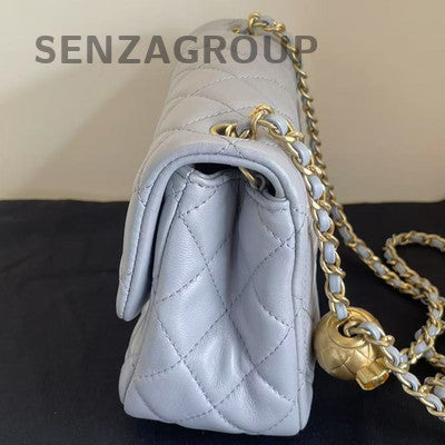 Chanel Grey Quilted Square Mini Flap Bag with Gold Ball Chain Strap