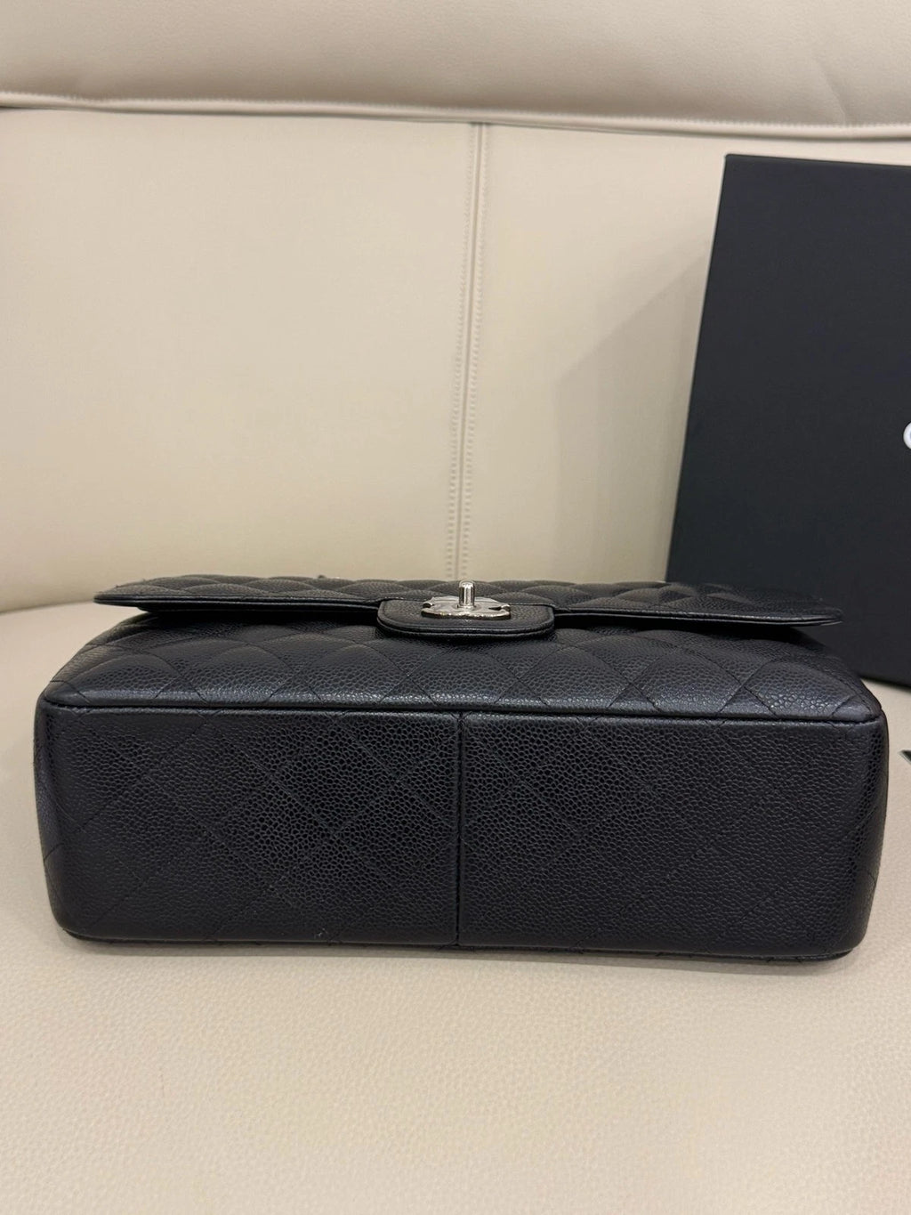 CHANEL CF Maxi Double Flap Black Silver Grained Leather Chain Bag For Women