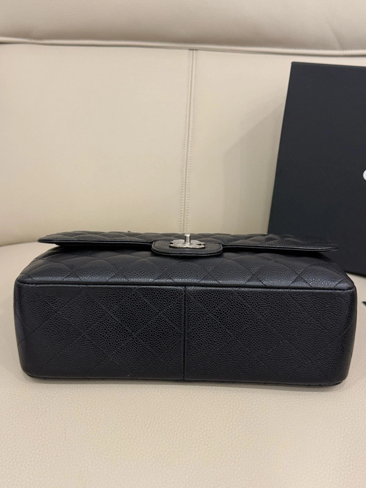 CHANEL CF Maxi Double Flap Black Silver Grained Leather Chain Bag For Women