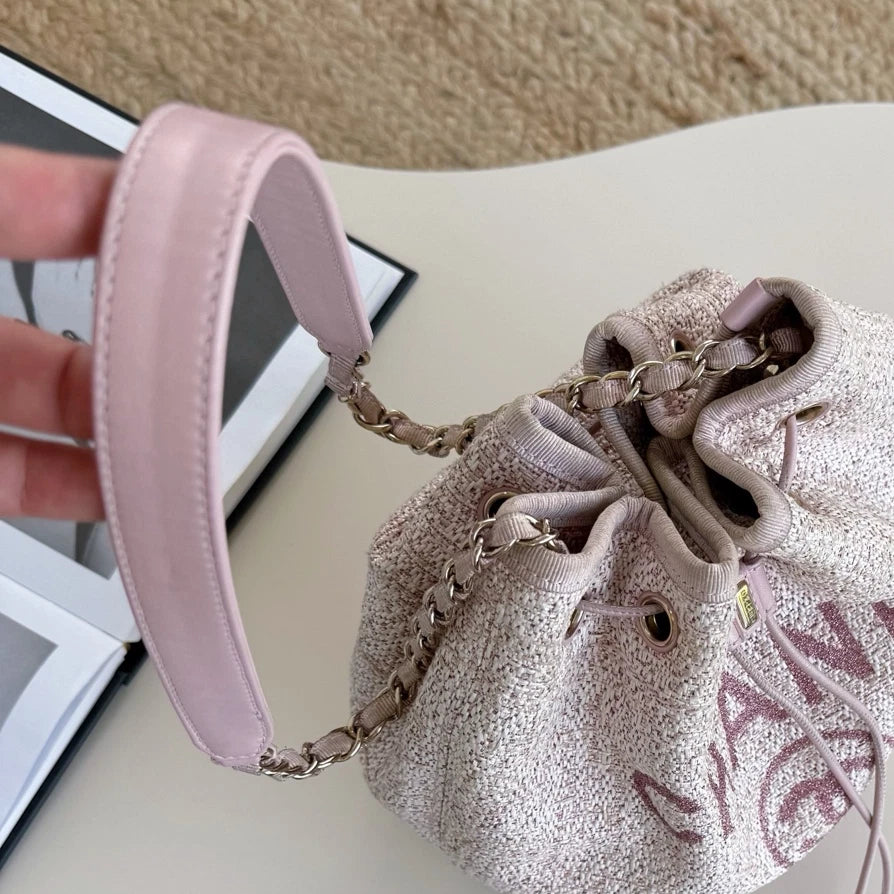 CHANEL Deauville Beach Bag Pink Drawstring Bucket Chain Shoulder Bag Crossbody