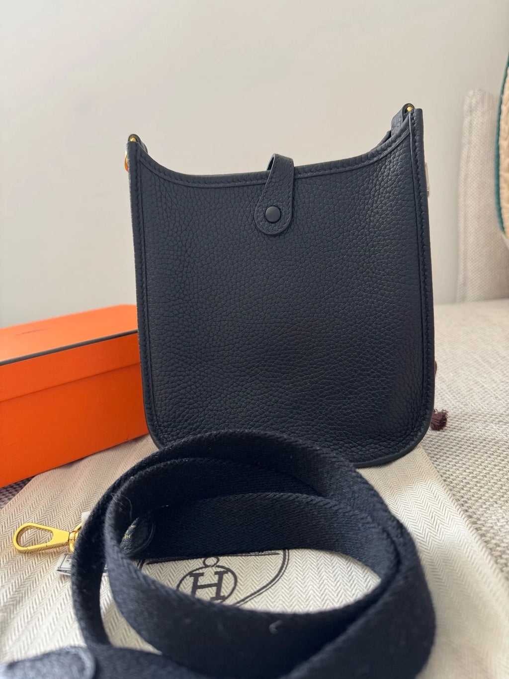 Hermes Evelyne Mini Black Gold Hardware Leather Crossbody Bag For Women