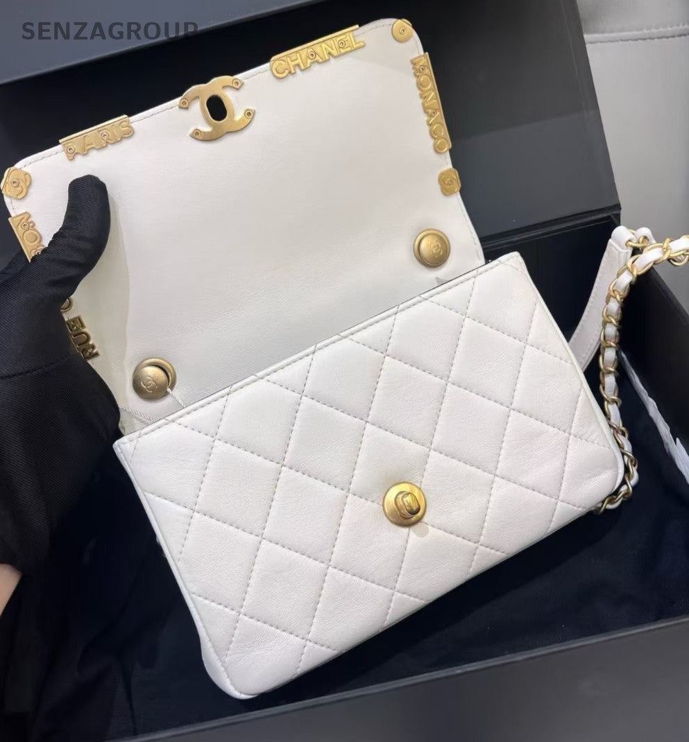 Chanel Chain Diamond Shoulder Bag Crossbody White Gold Diamond Women Classic
