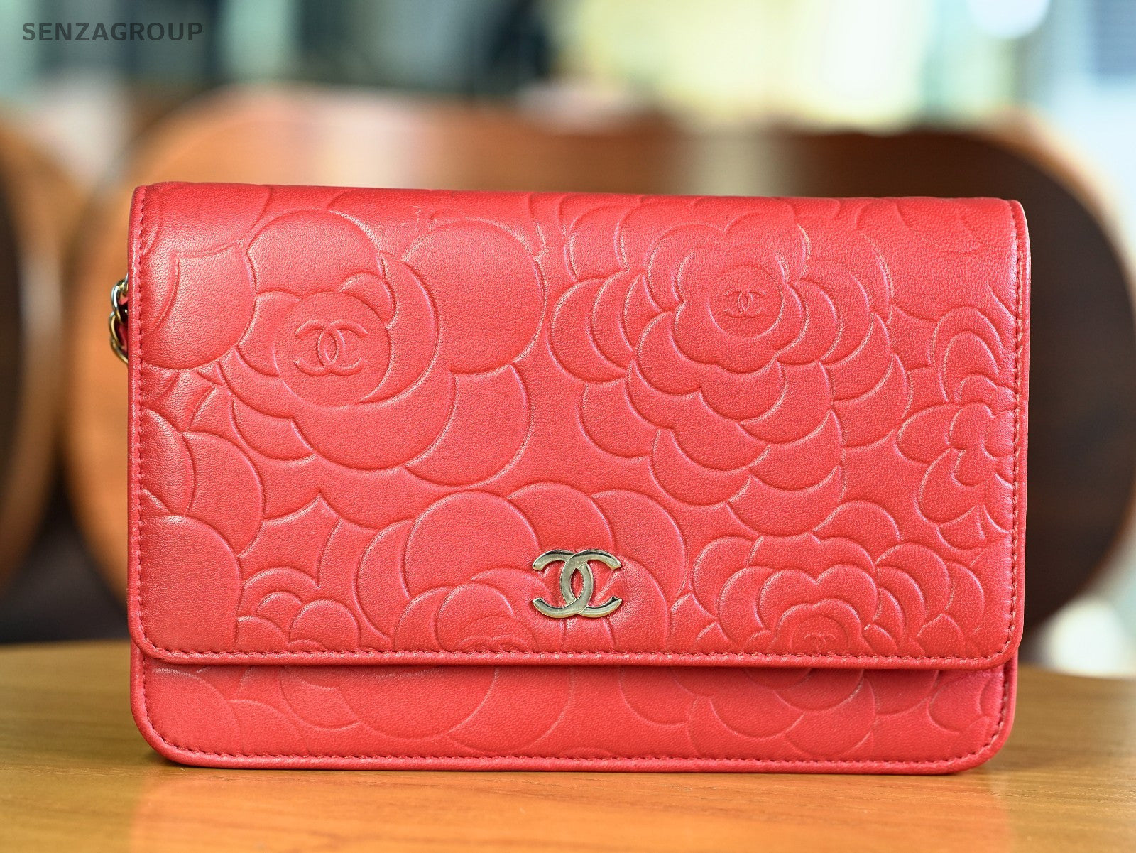 CHANEL Camellia Red wallet WOC Shoulder bag Crossbody Lambskin