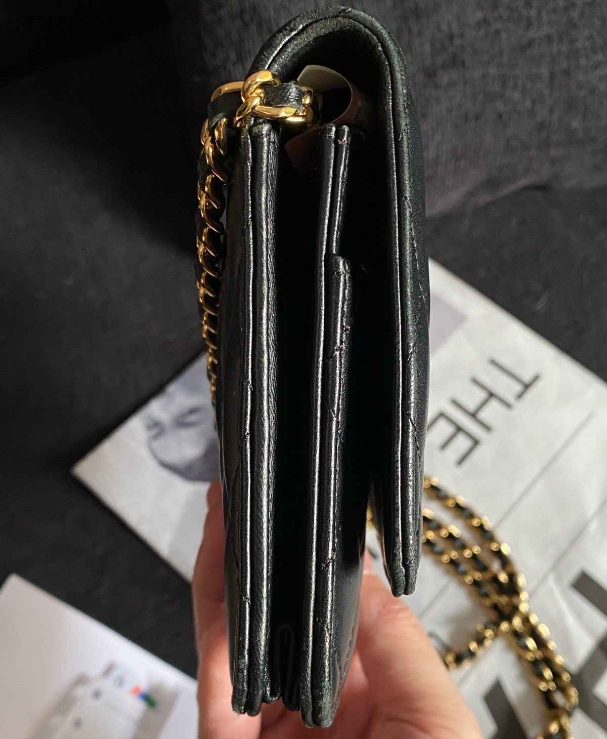 Chanel WOC Chain Shoulder Bag Crossbody Black Gold Women Classic Diamond