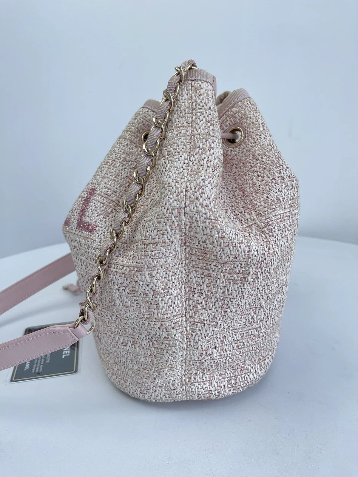 CHANEL Deauville Beach Bag Pink Drawstring Bucket Chain Shoulder Bag Crossbody